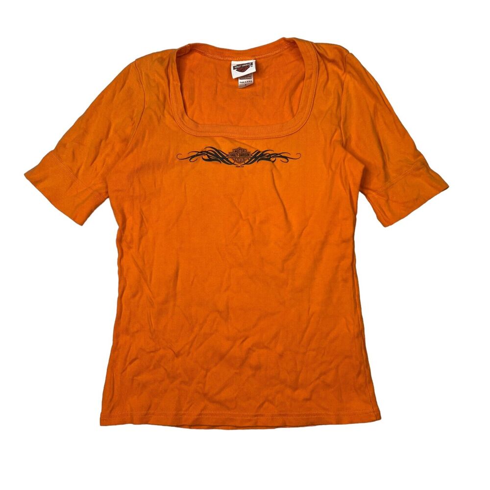 Harley Davidson Biker 1/2 Sleeve Square Neck Baby Tee T-Shirt Y2K Orange Large